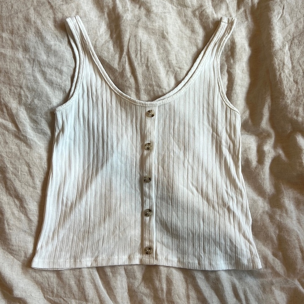 White Ribbed Scoop Neck Tank with Button Details